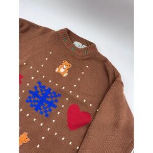 Vintage Knit Teddy Fox Patchwork Brown Sweater Cottagecore